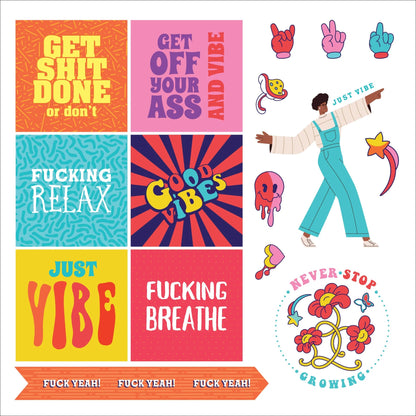 stickersr with colorful text and illustrations on a white background
