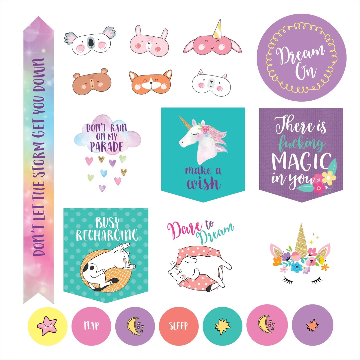 Collection of colorful motivational stickers with various designs and text on a white background