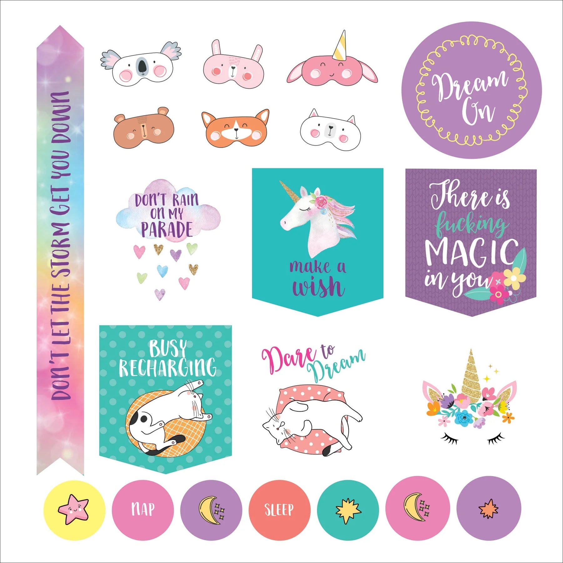 Collection of colorful motivational stickers with various designs and text on a white background