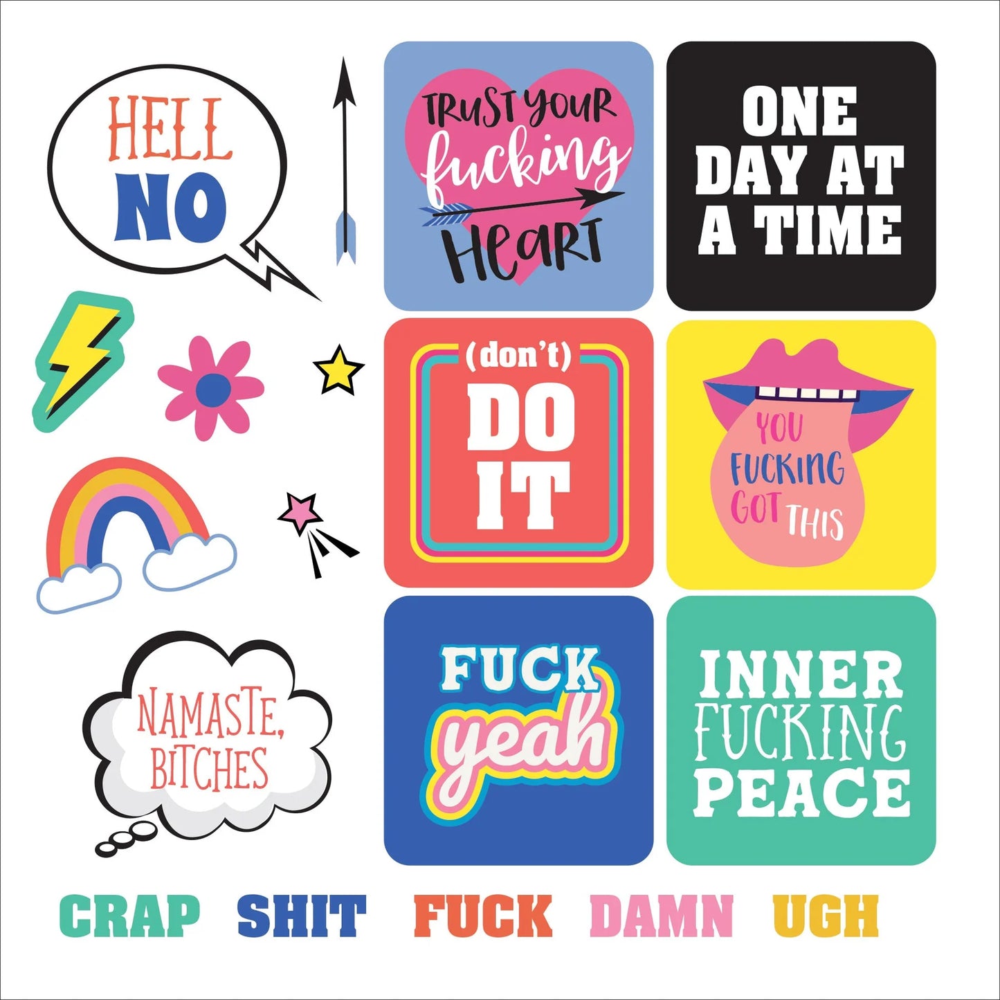 Collection of colorful stickers with various phrases on a white background