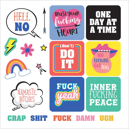 Collection of colorful stickers with various phrases on a white background