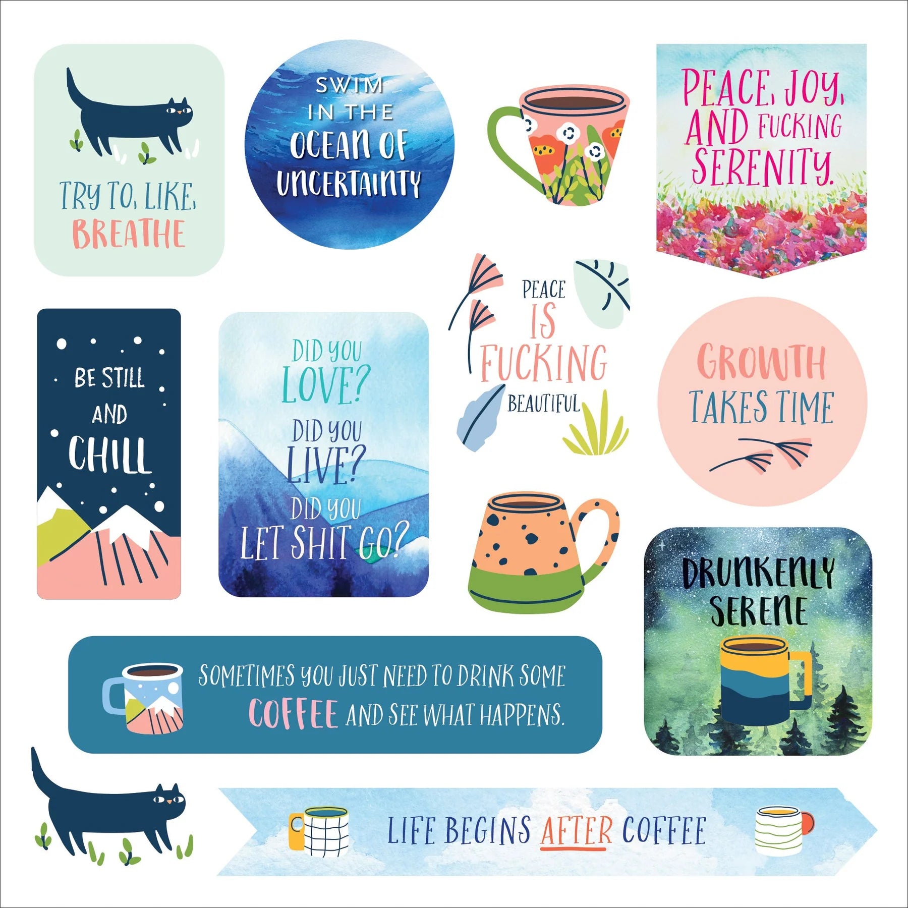 Collection of colorful stickers with various designs and text on a white background