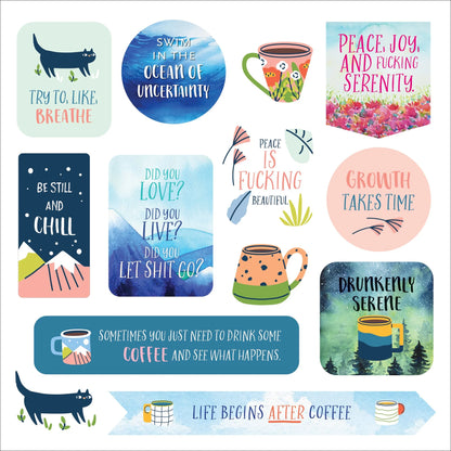 Collection of colorful stickers with various designs and text on a white background