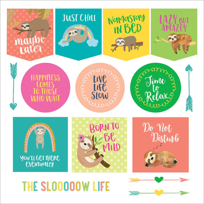 Set of colorful stickers with sloth illustrations and motivational phrases on a white background