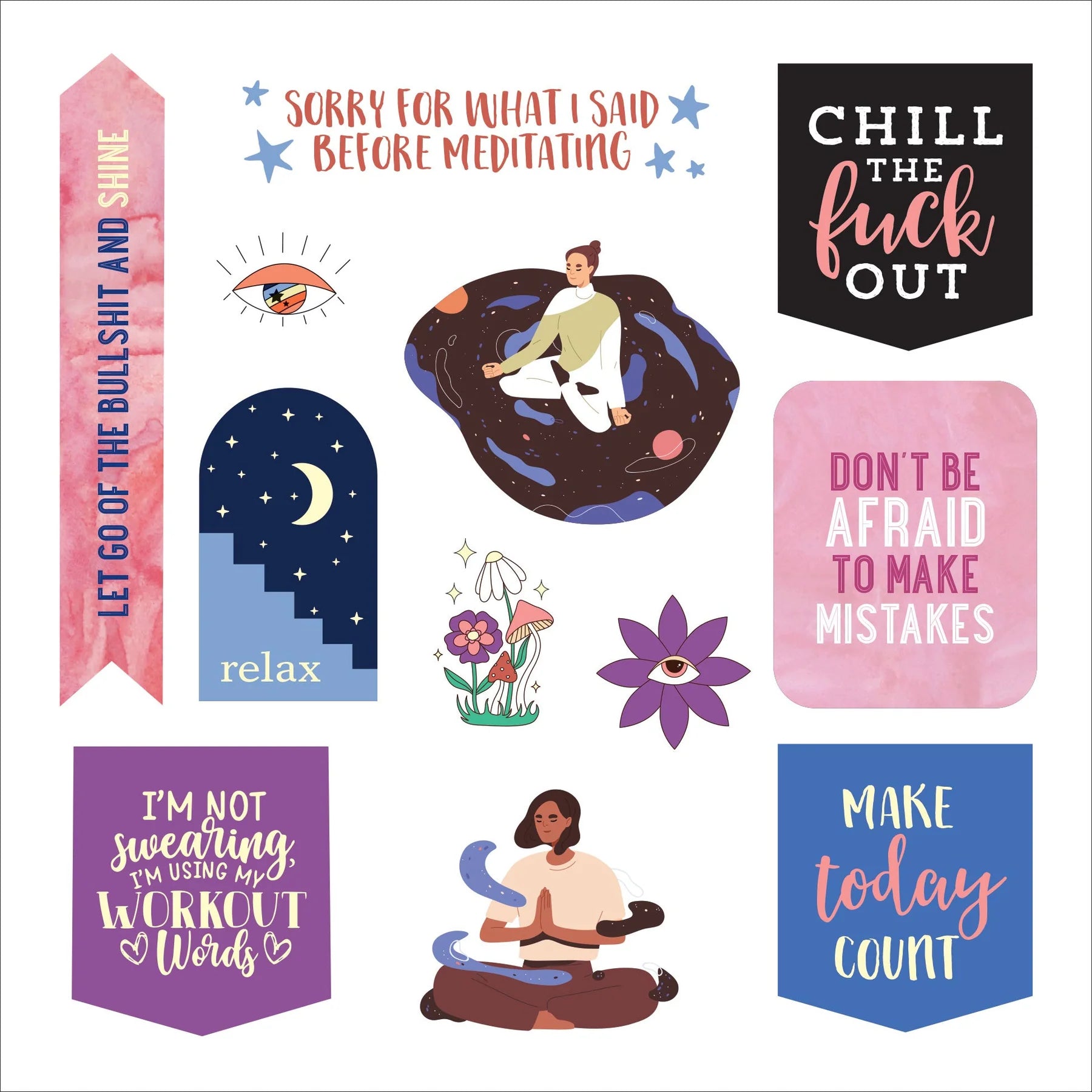 Collection of motivational and humorous stickers with various sayings and illustrations on a white background