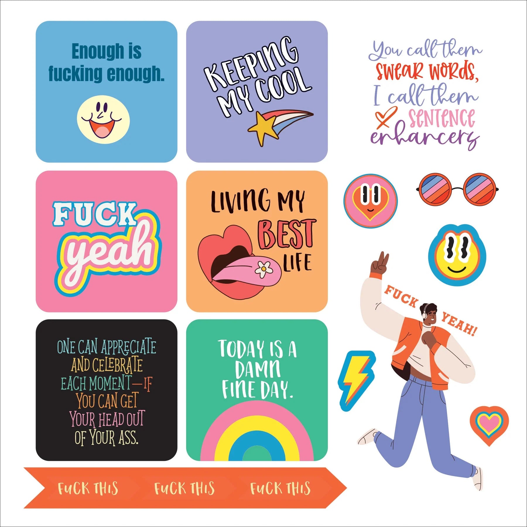 Collection of colorful stickers with various phrases and designs on a white background