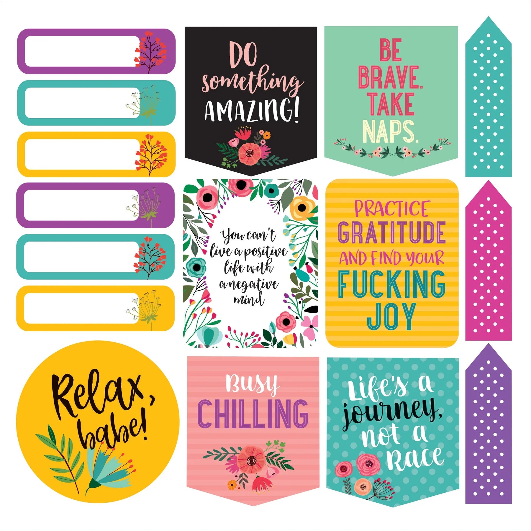 Collection of colorful motivational stickers with various phrases and designs