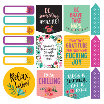 Collection of colorful motivational stickers with various phrases and designs