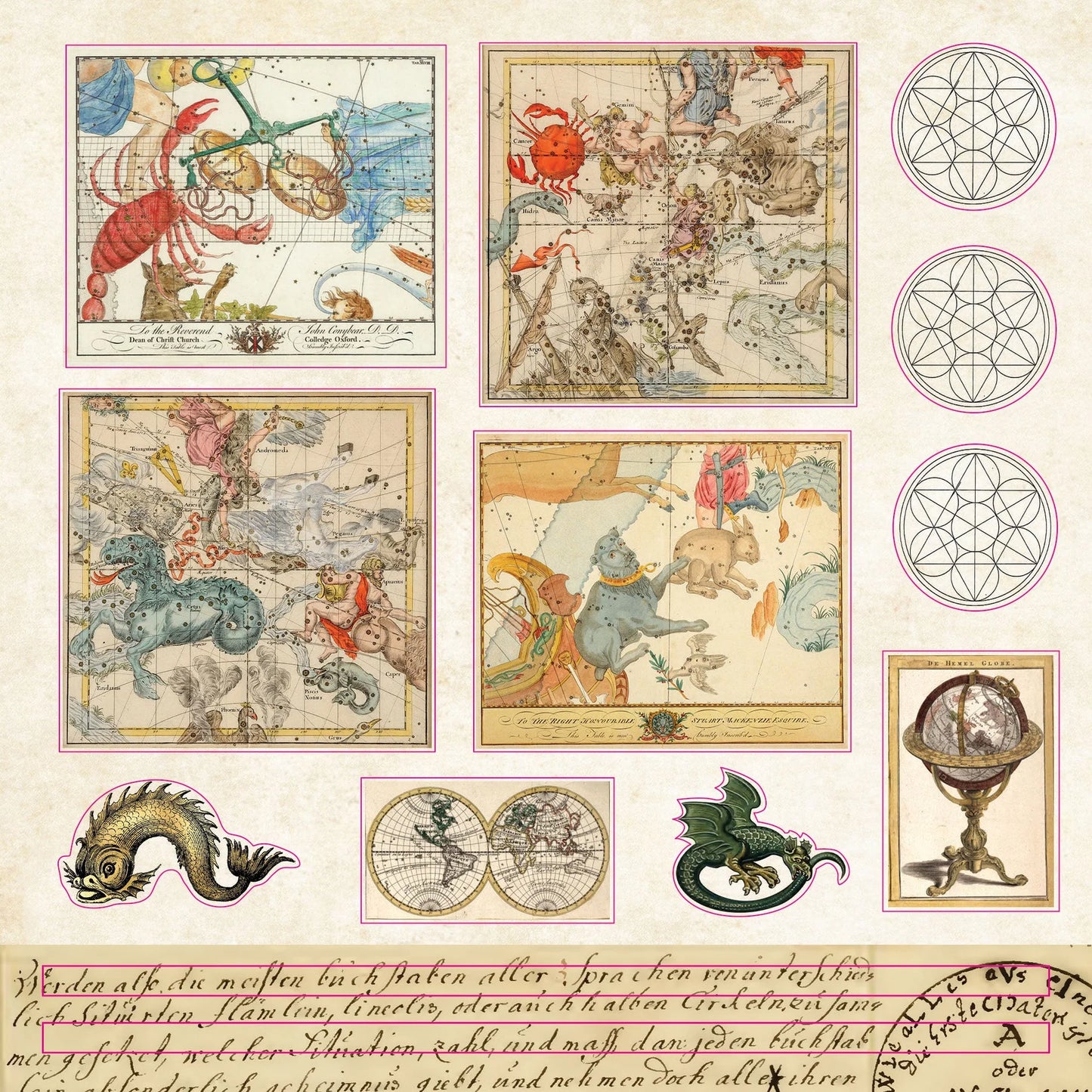 Sticker collection of vintage astrological charts and symbols on a light background