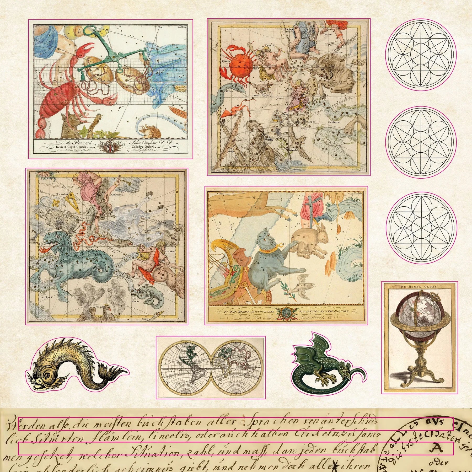 Sticker collection of vintage astrological charts and symbols on a light background