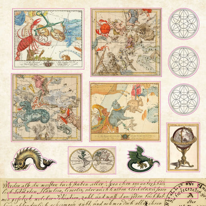 Sticker collection of vintage astrological charts and symbols on a light background