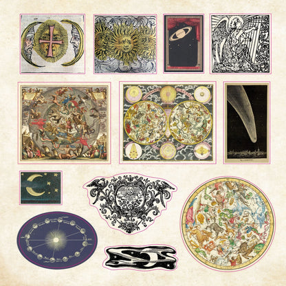 Collection of vintage celestial and astrological sticker illustrations on a beige background