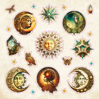 Collection of celestial-themed stickers with suns, moons, and faces on a beige background