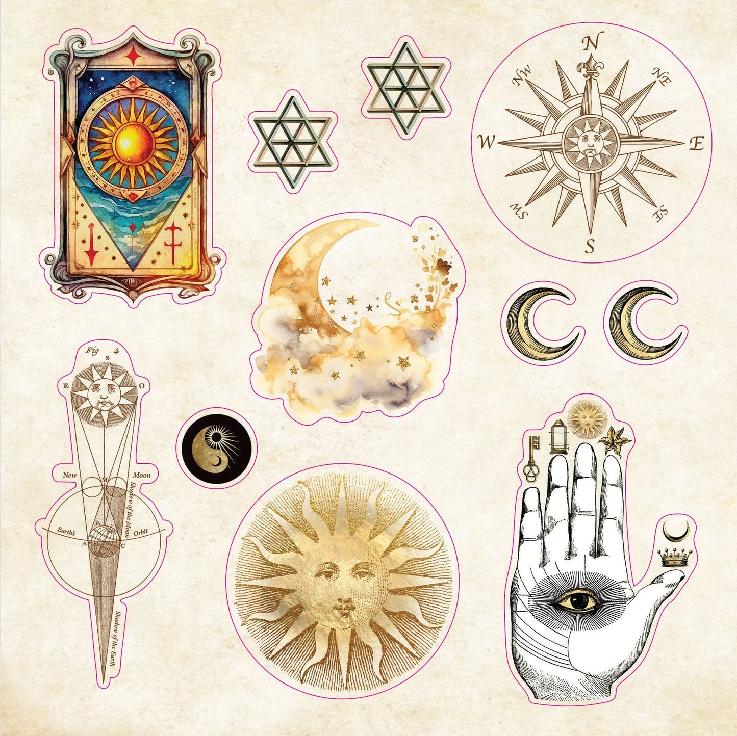 Collection of various symbolic stickers on a beige background