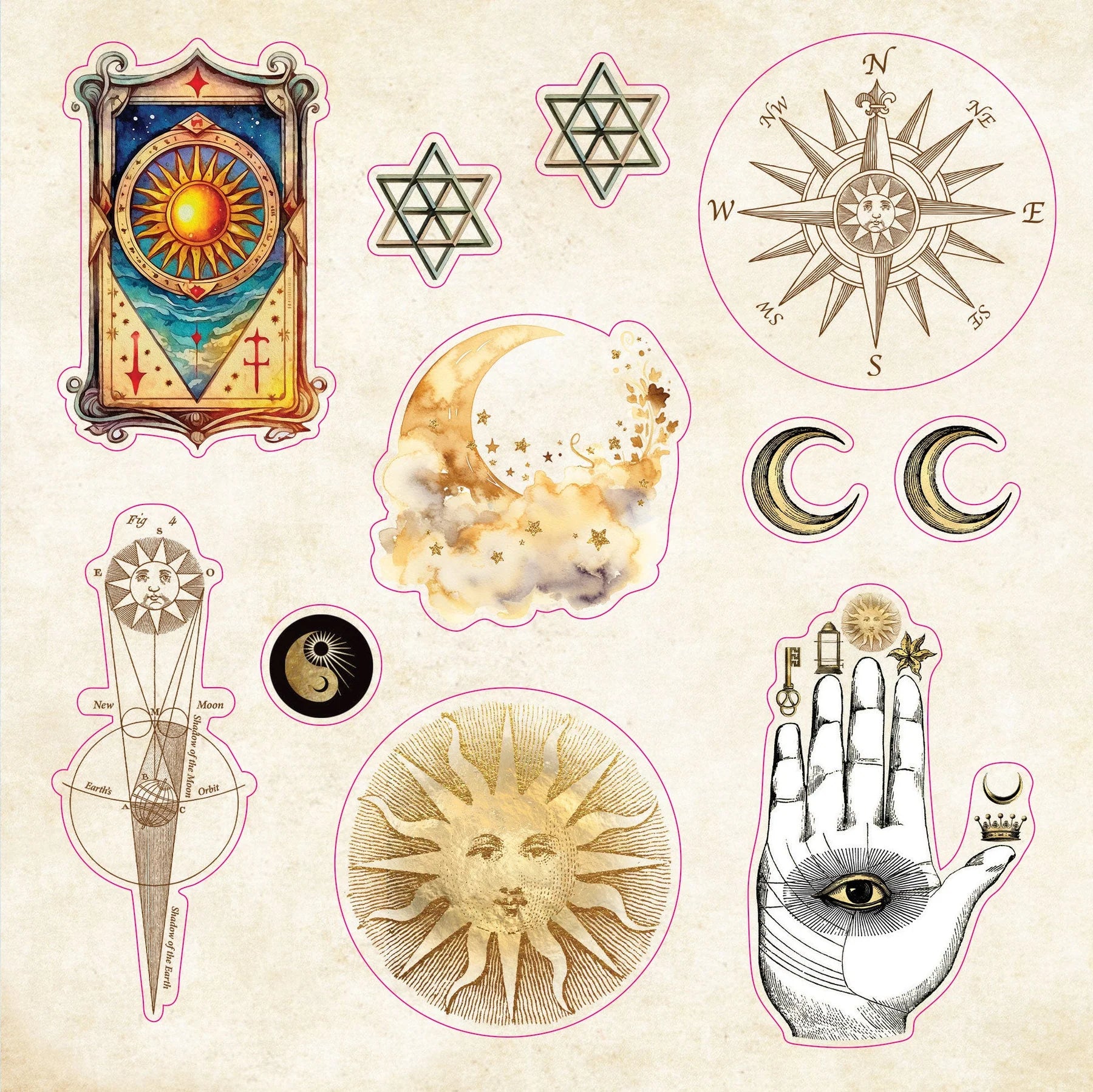 Collection of various symbolic stickers on a beige background