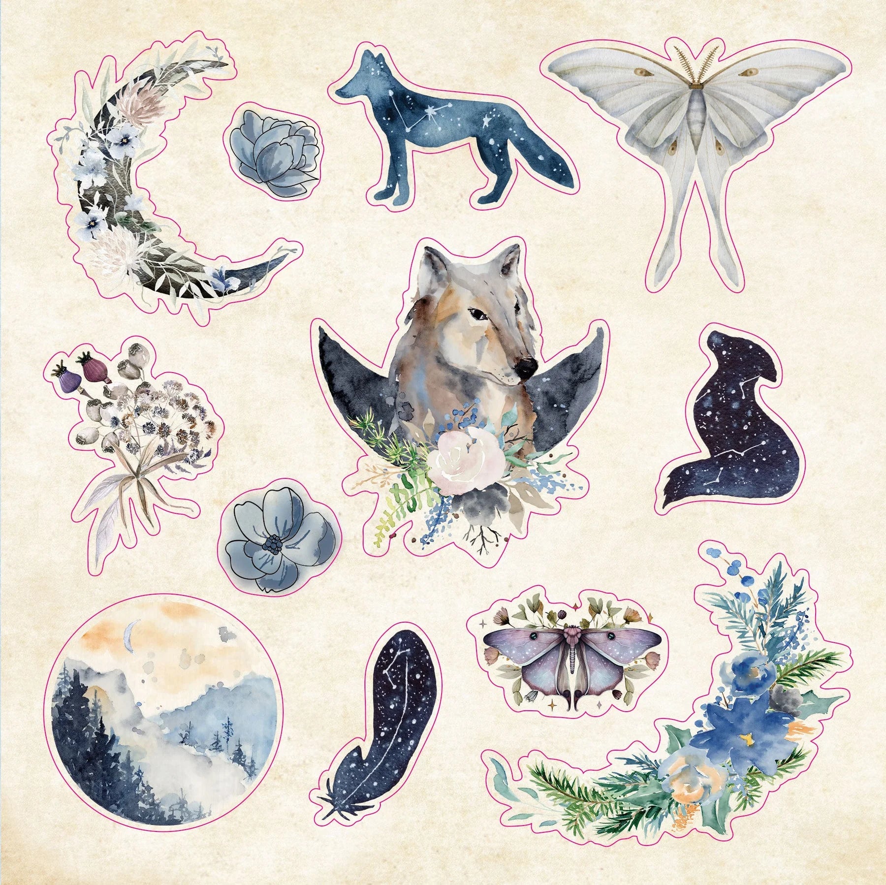 Collection of nature-themed stickers featuring animals and landscapes on a beige background