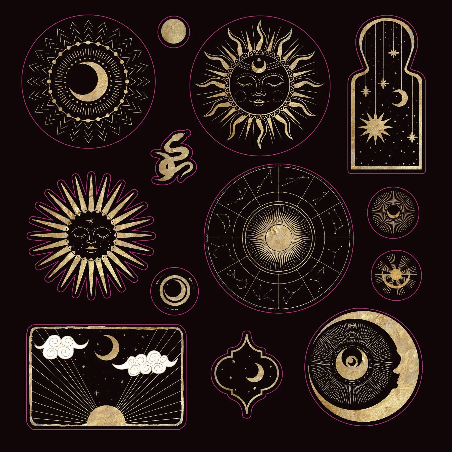 Collection of celestial and astrological symbols sticker on a black background