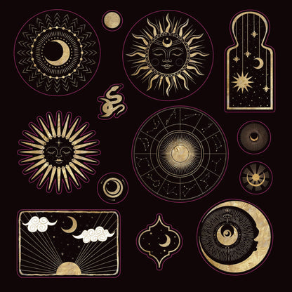 Collection of celestial and astrological symbols sticker on a black background