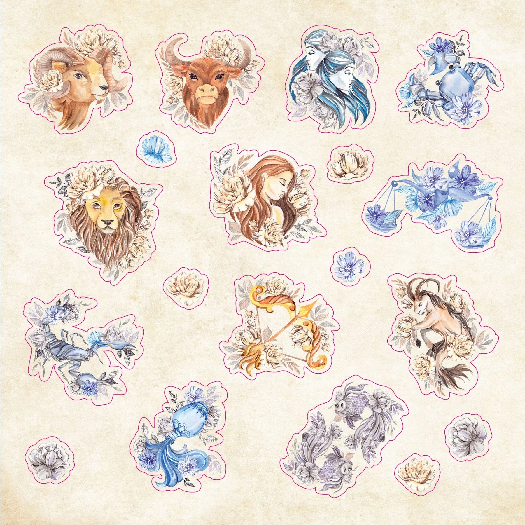 Set of zodiac stickers with floral designs on a beige background
