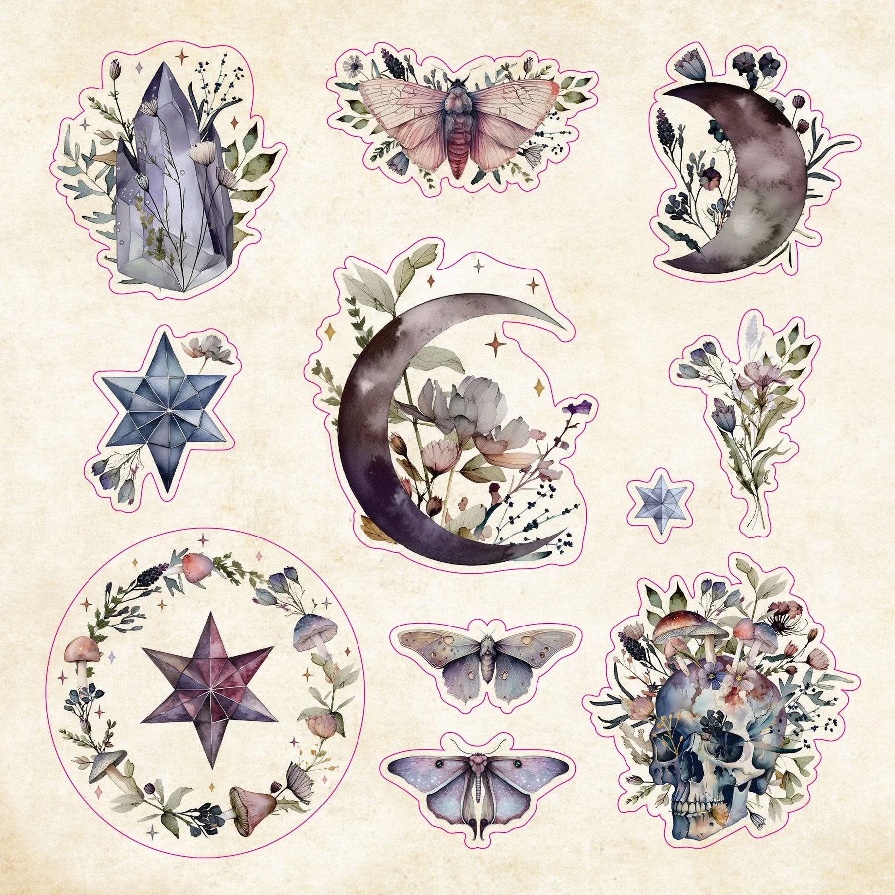 Set of nature-themed stickers with crystals, moons, stars, and butterflies on a beige background