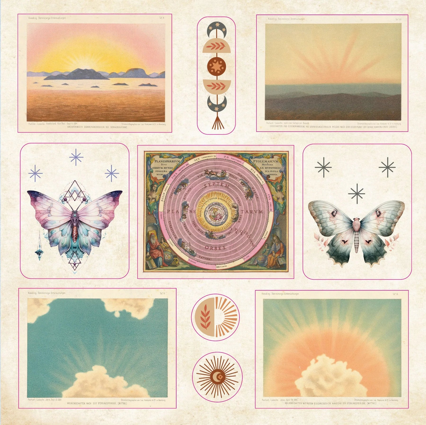 sticker Collage of nature-themed illustrations including butterflies, landscapes, and circular designs