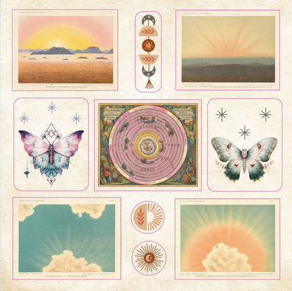 sticker Collage of nature-themed illustrations including butterflies, landscapes, and circular designs