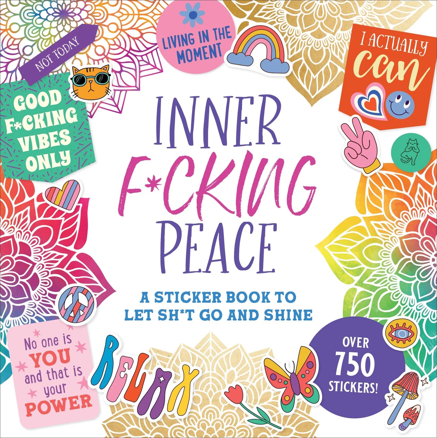 Sticker book cover with colorful designs and text, featuring stickers and motivational phrases