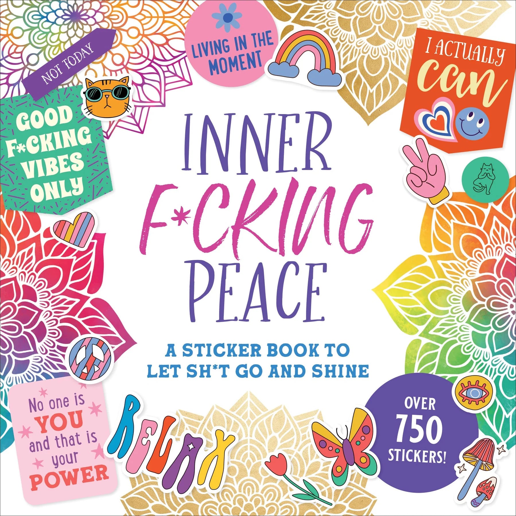 Sticker book cover with colorful designs and text, featuring stickers and motivational phrases