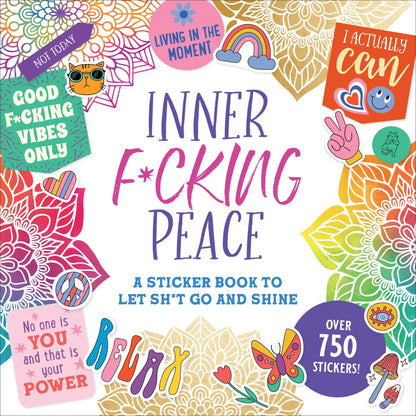 Sticker book cover with colorful designs and text, featuring stickers and motivational phrases