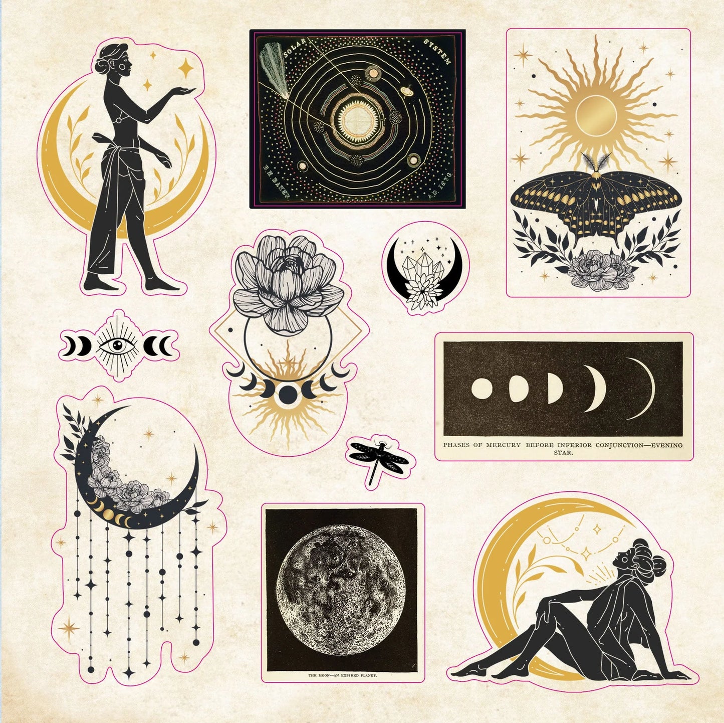 Collection of celestial-themed temporary stickers on a beige background
