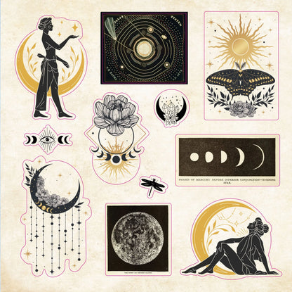Collection of celestial-themed temporary stickers on a beige background
