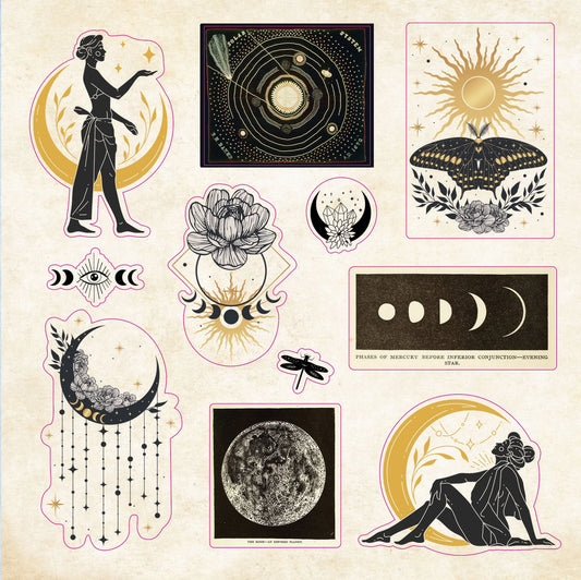 Collection of celestial-themed temporary stickers on a beige background