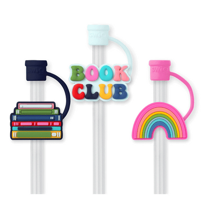 Three straws with colorful ends featuring 'Book Club' and a rainbow design on a white background