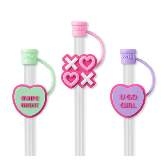 Three colorful straws with heart-shaped ends and text on a white background
