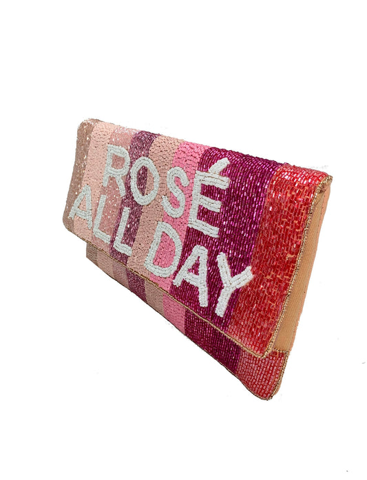 Clutch bag with 'Rosé All Day' text on a white background