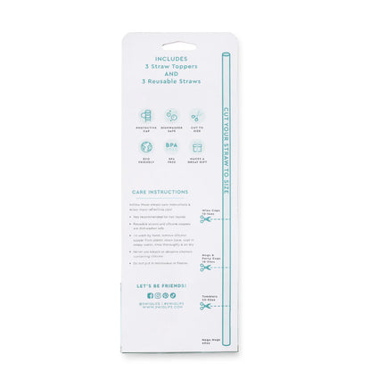 Product packaging with straw toppers and straws on a white background