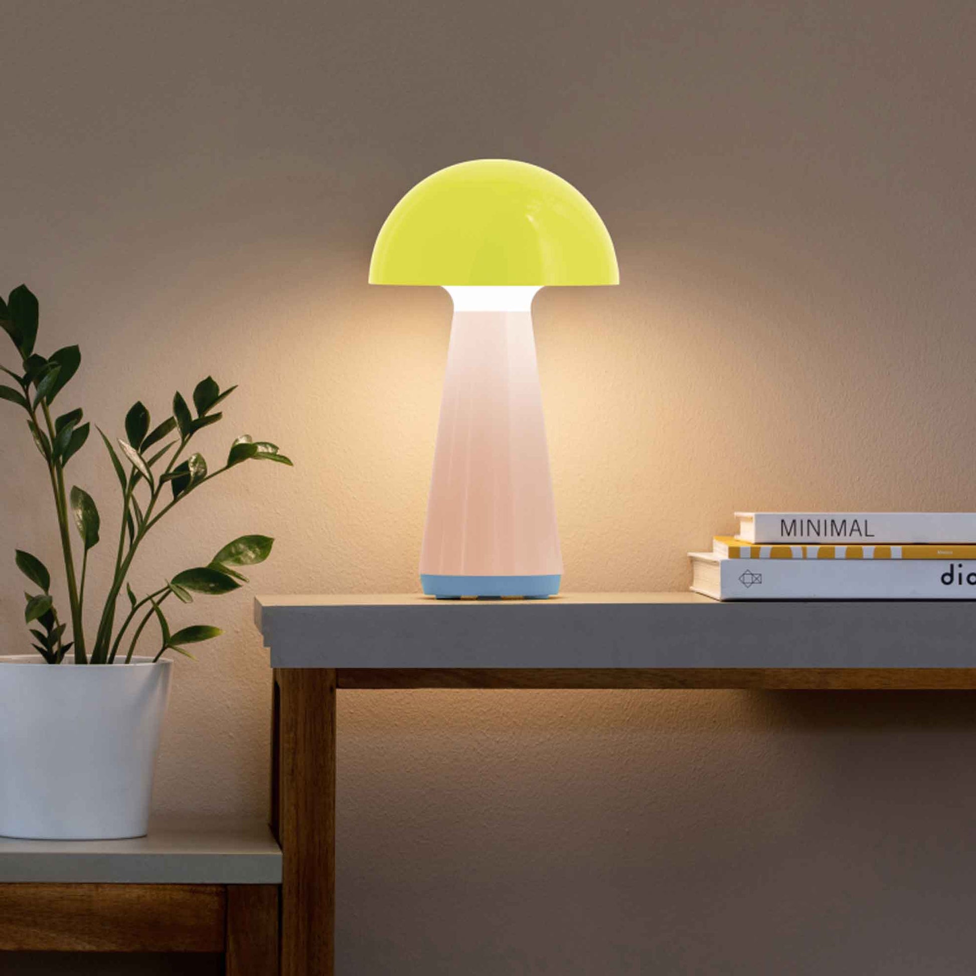 Colorful mushroom-shaped lamp on a table with books and a plant in the background
