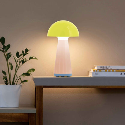 Colorful mushroom-shaped lamp on a table with books and a plant in the background