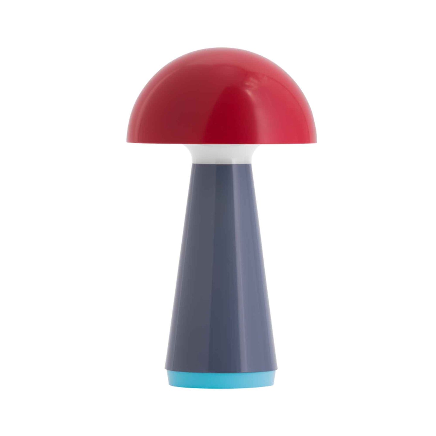 Colorful mushroom-shaped object with a red top, gray body, and blue base on a white background