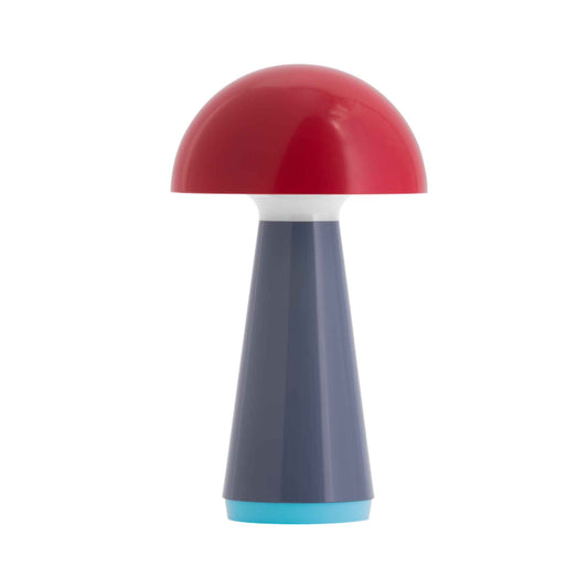 Colorful mushroom-shaped object with a red top, gray body, and blue base on a white background