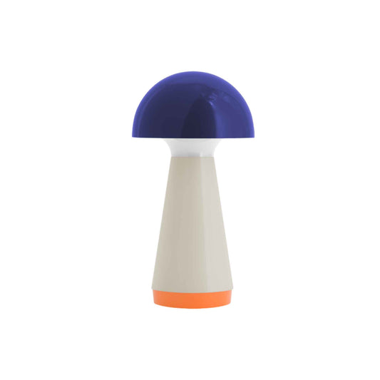 Decorative mushroom-shaped object with a blue top, beige body, and orange base on a white background