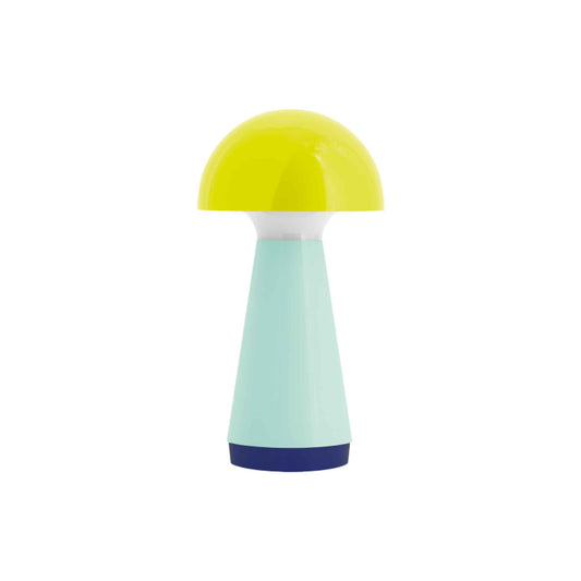 Colorful mushroom-shaped lamp with a yellow top, light blue body, and dark blue base on a white background.