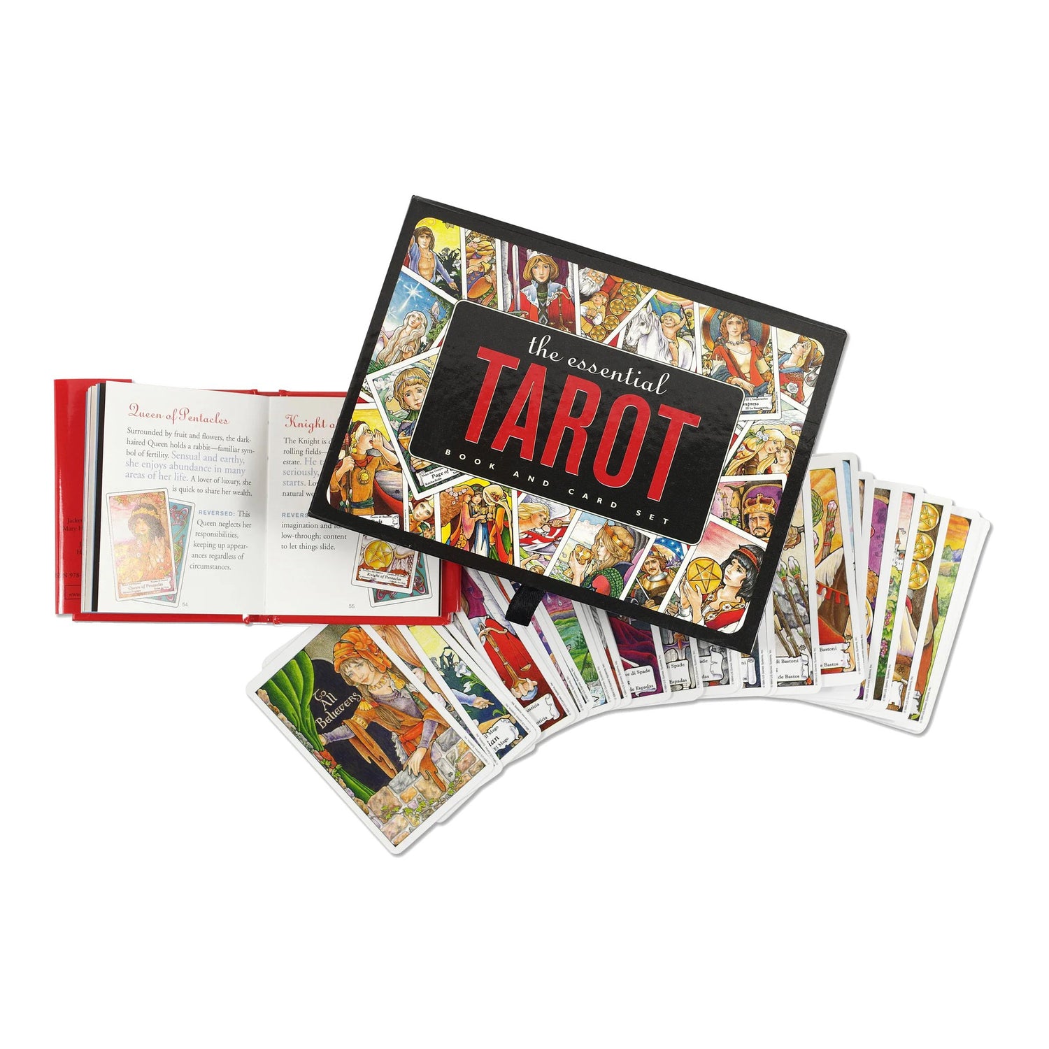 Set of tarot cards with a book on a white background