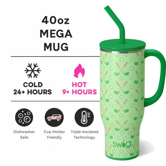 Green mega mug with straw and golf pattern, featuring text about its features on a white background.