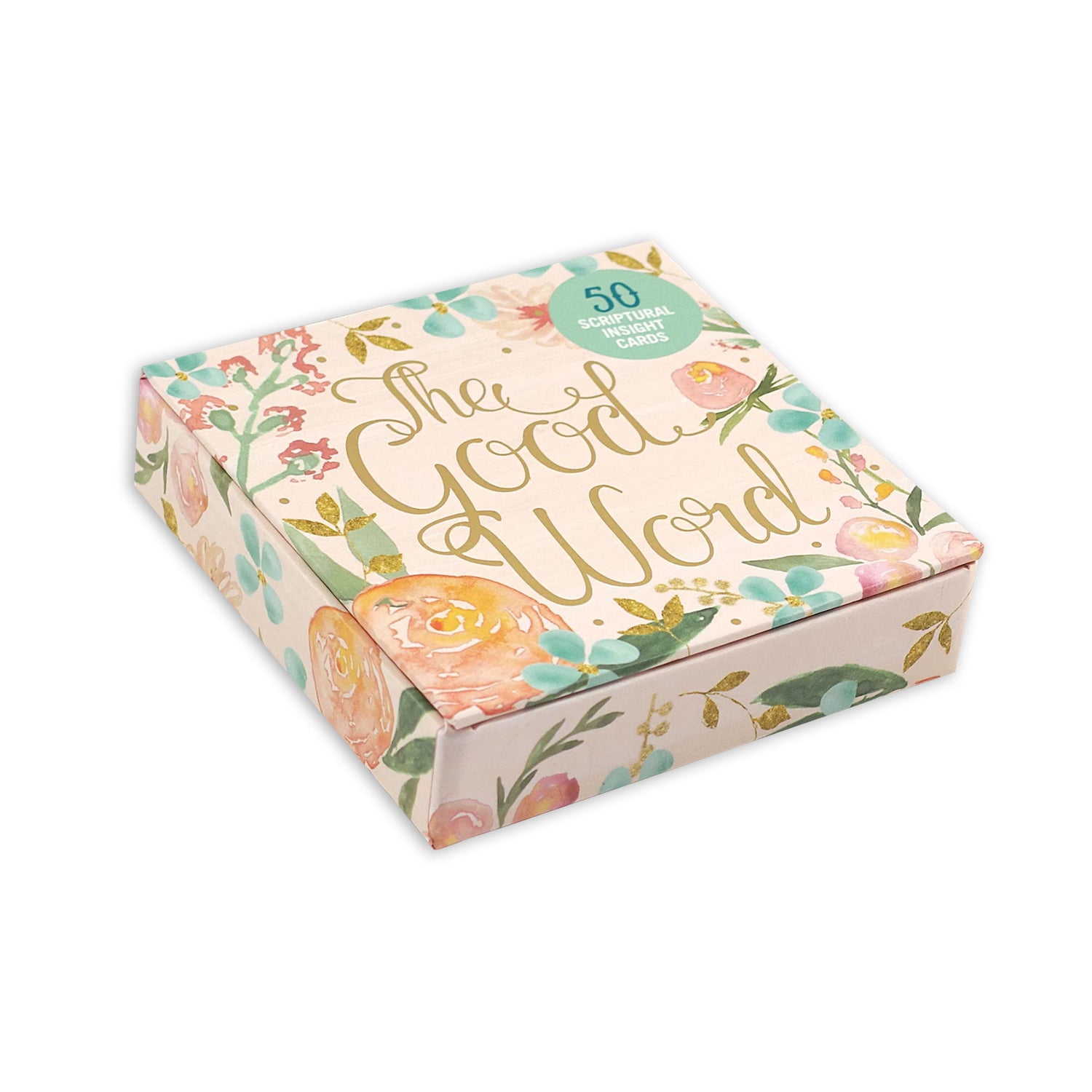 A boxed card set titled "The God Wrd" with a white background and soft floral artwork in blue, gold, orange, green, and purple. A green circular badge on the box reads "50 Inspirational Night Cards.