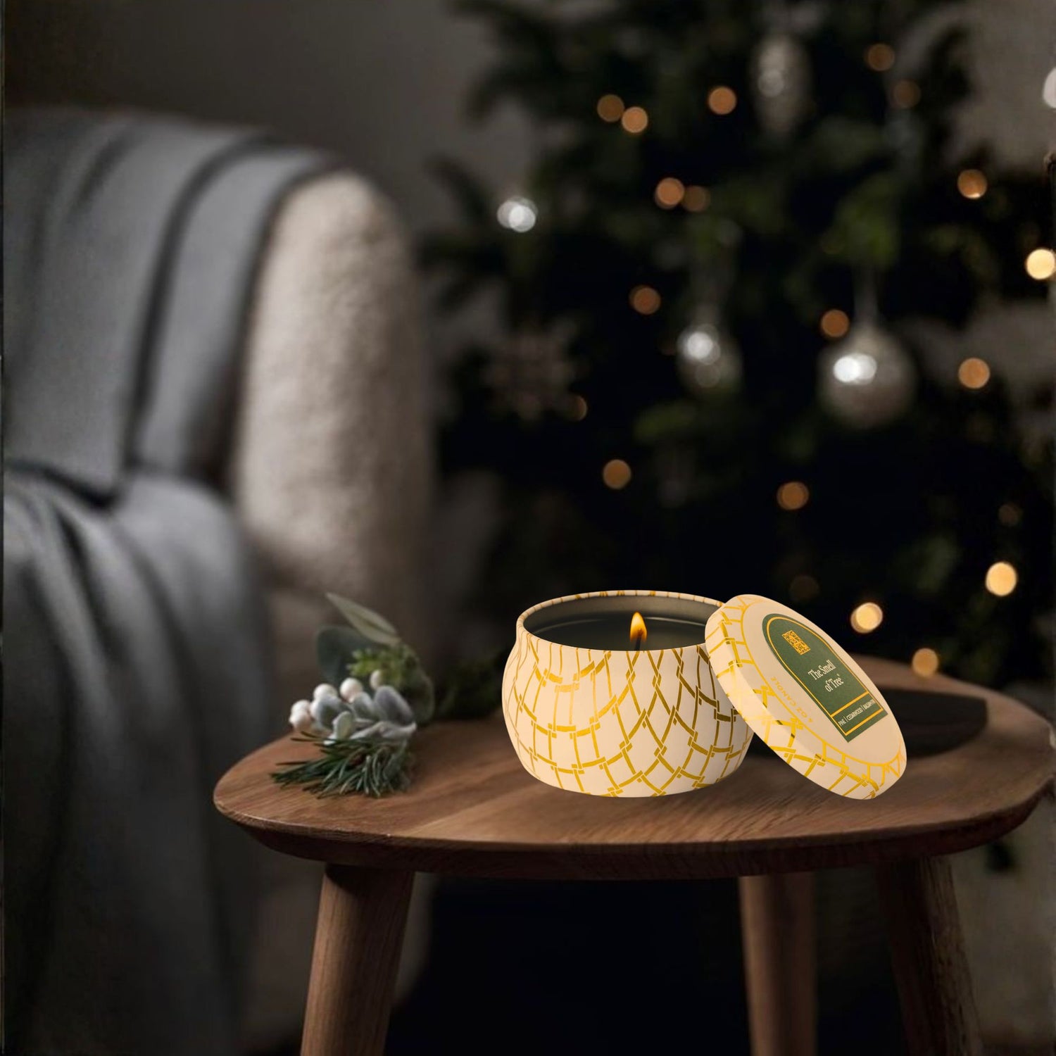 The smell of tree tin Candle with wicker design on a wooden table in a cozy living room setting.