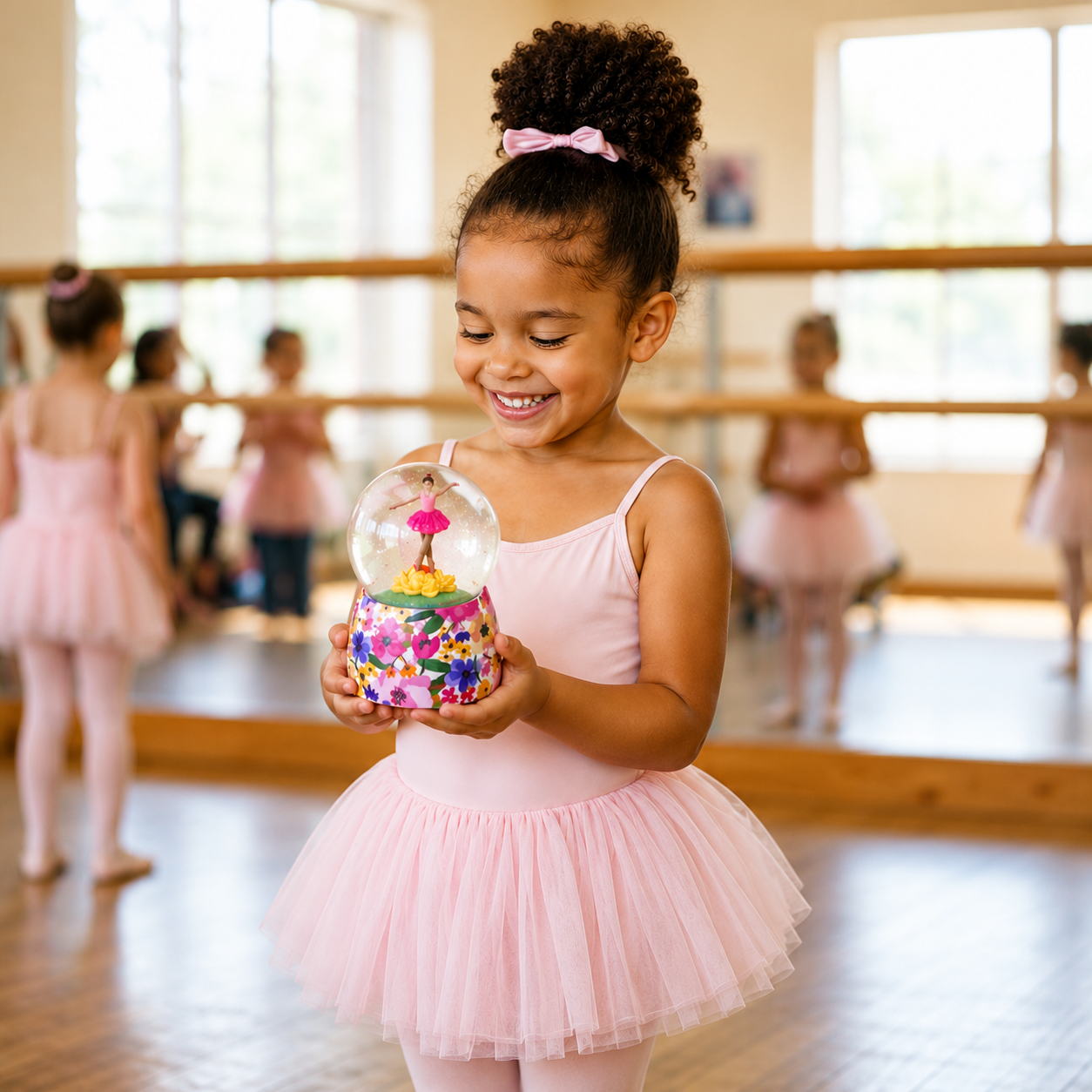 Young girl in a ballet class holding a colorful snow globe