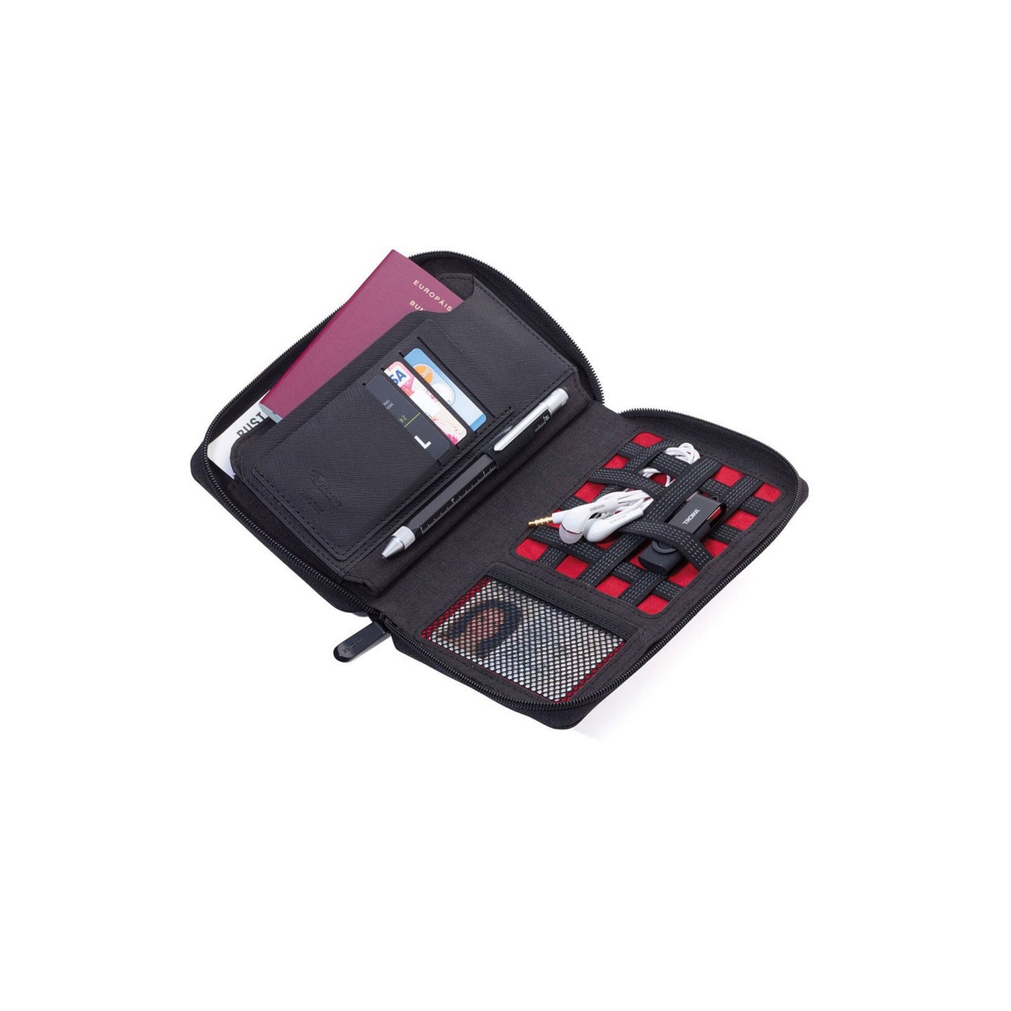Organized travel wallet with various compartments on a white background