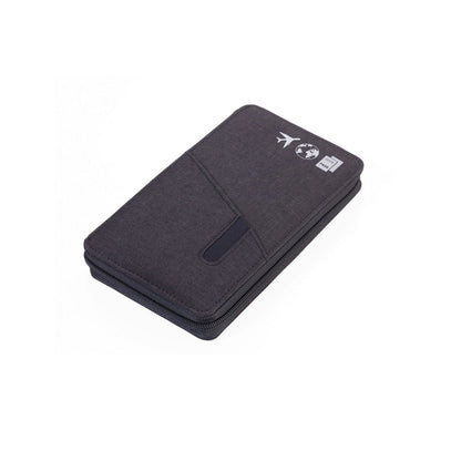 Black travel organizer with a logo on a white background
