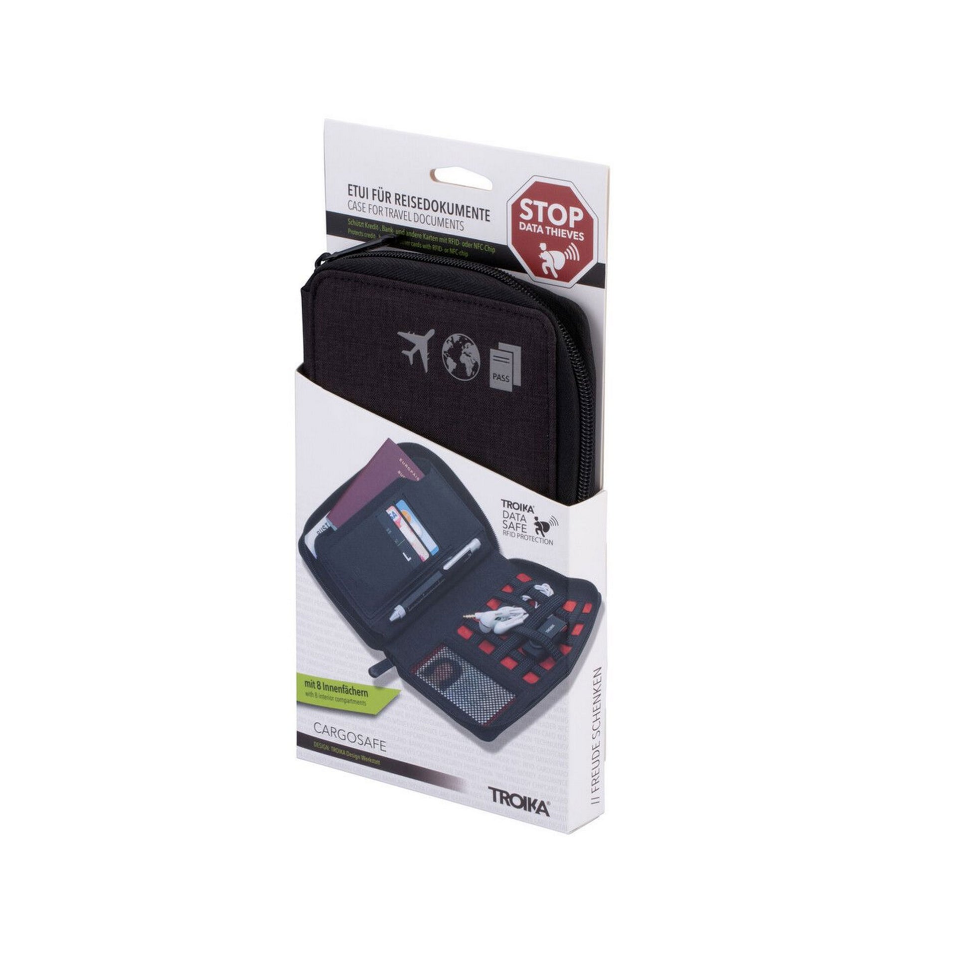 Packaging of a travel document holder with Trova on a white background
